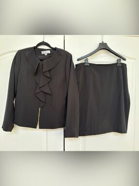 Tahari Black Ruffle Front Blazer and Skirt Set